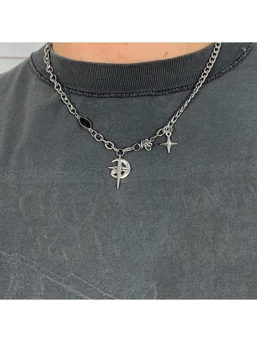 Cyber Y2k 2000s punk grunge crystal cross and opal pendant necklace chain. 20